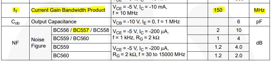 BC557 (PNP) has an fT of 150 MHz